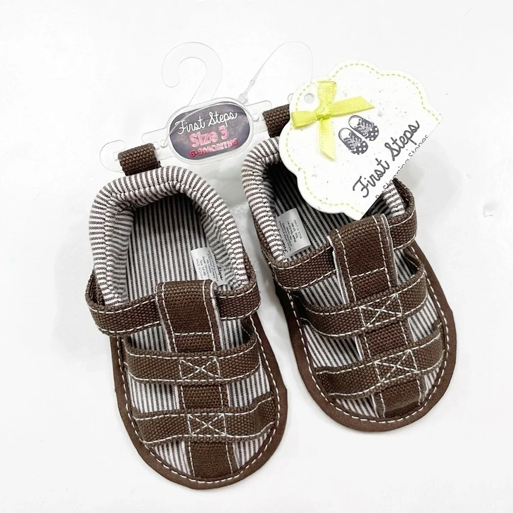 NEW First Steps chocolate canvas w/stripe baby sandals